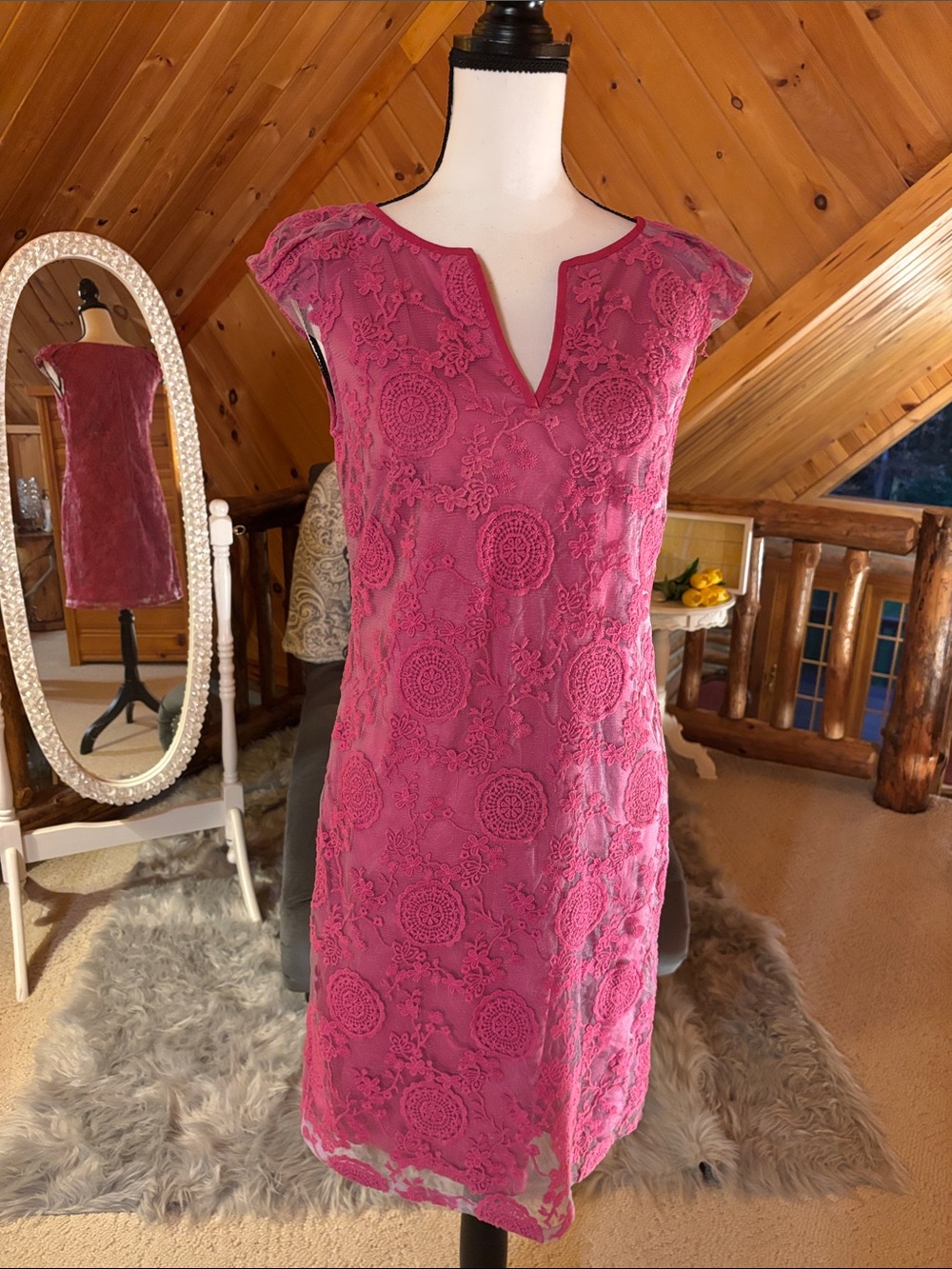 Adrianna Papell Rose Pink Lace Midi Dress
